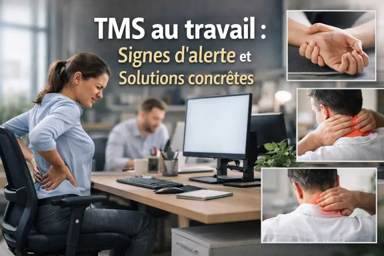 Prévention TMS : une femme souffre du dos au bureau. L'ergonomie et les solutions concrètes sont clés pour éviter ces troubles.