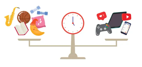 Balance entre activités enrichissantes (livre, sport, musique, sommeil) et le temps passé sur les réseaux sociaux chez les jeunes.