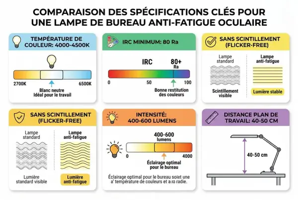 Comparaison des spécifications d'une lampe de bureau anti-fatigue : température de couleur, IRC, absence de scintillement, intensité et distance de travail.