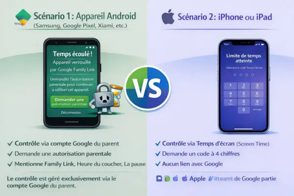 Scénario 1 : Android avec Google Family Link, un équivalent familial pour iPhone gratuit. Scénario 2 : iPhone avec Temps d'écran.