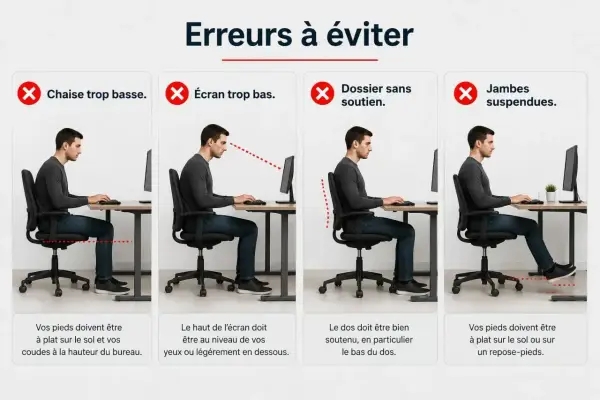 Conseils pour un aménagement des locaux de travail ergonomique : posture correcte, écran à hauteur des yeux, dos soutenu et pieds au sol.