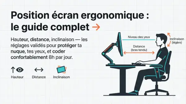 Illustration d'une personne assise à un bureau, avec des indications sur la hauteur, la distance et l'inclinaison de l'écran.